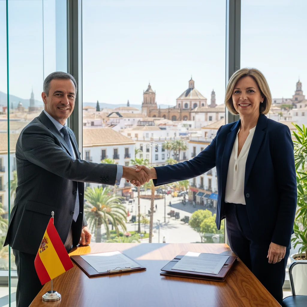 A photorealistic image of two professional adults in a modern Spanish office, shaking hands over a desk with subtle Spanish elements like a flag or architecture in the background, symbolizing the agreement in a professional services contract. No legal documents visible. No children present.
