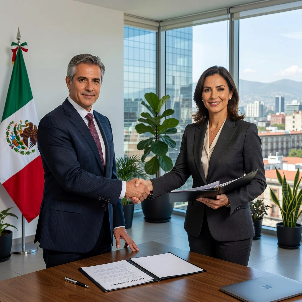 A photorealistic image depicting two adult professionals in a modern Mexican office setting, shaking hands over a desk to symbolize a professional services agreement, with subtle Mexican cultural elements like a flag or sombrero in the background, conveying trust and partnership in business services.