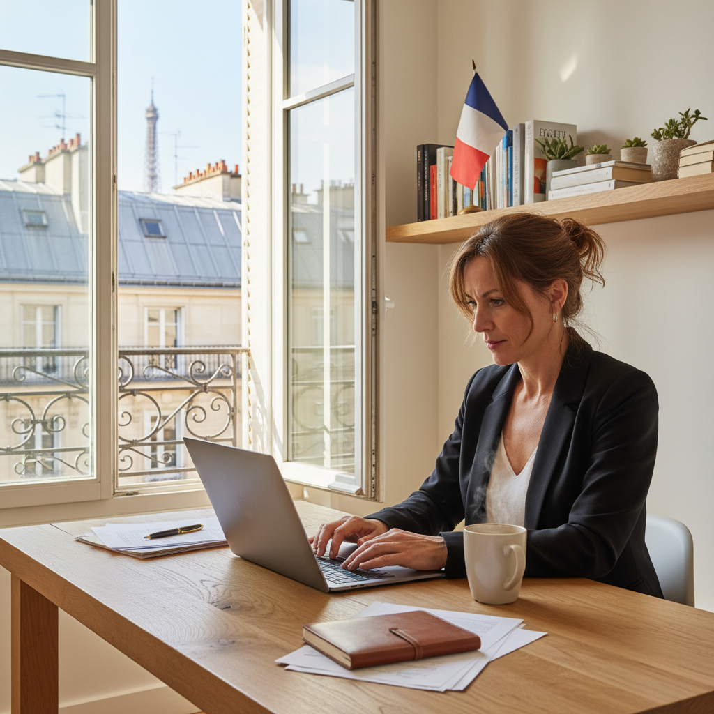 A photorealistic image of a professional freelancer working independently in a modern French home office, symbolizing the freedom and flexibility of freelance contracts in France. The scene shows an adult professional at a desk with a laptop, surrounded by elements like a French flag or Eiffel Tower view in the background, conveying professionalism and independence.