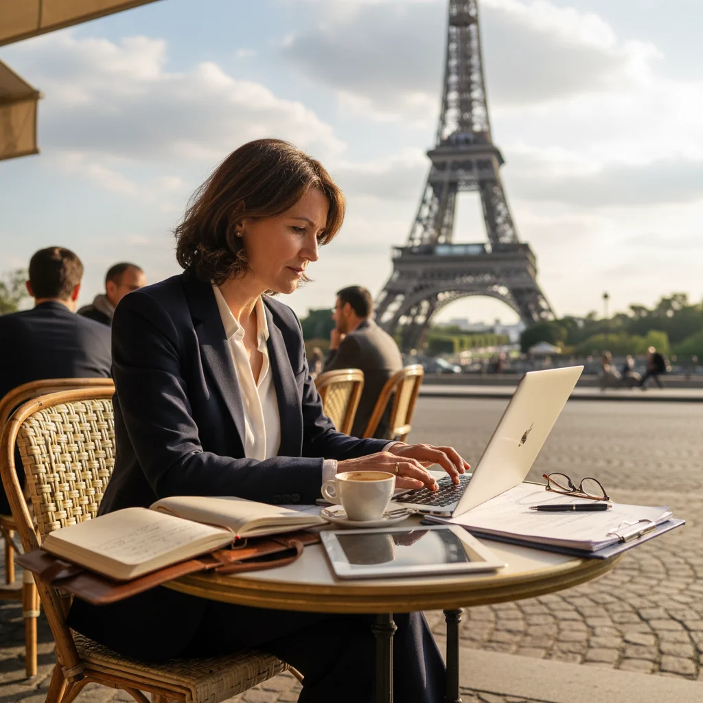 A photorealistic image of a professional freelancer in France working independently, perhaps at a cafe in Paris with a laptop, symbolizing the freedom and flexibility of freelance contracts, evoking themes of legal agreements for independent work.