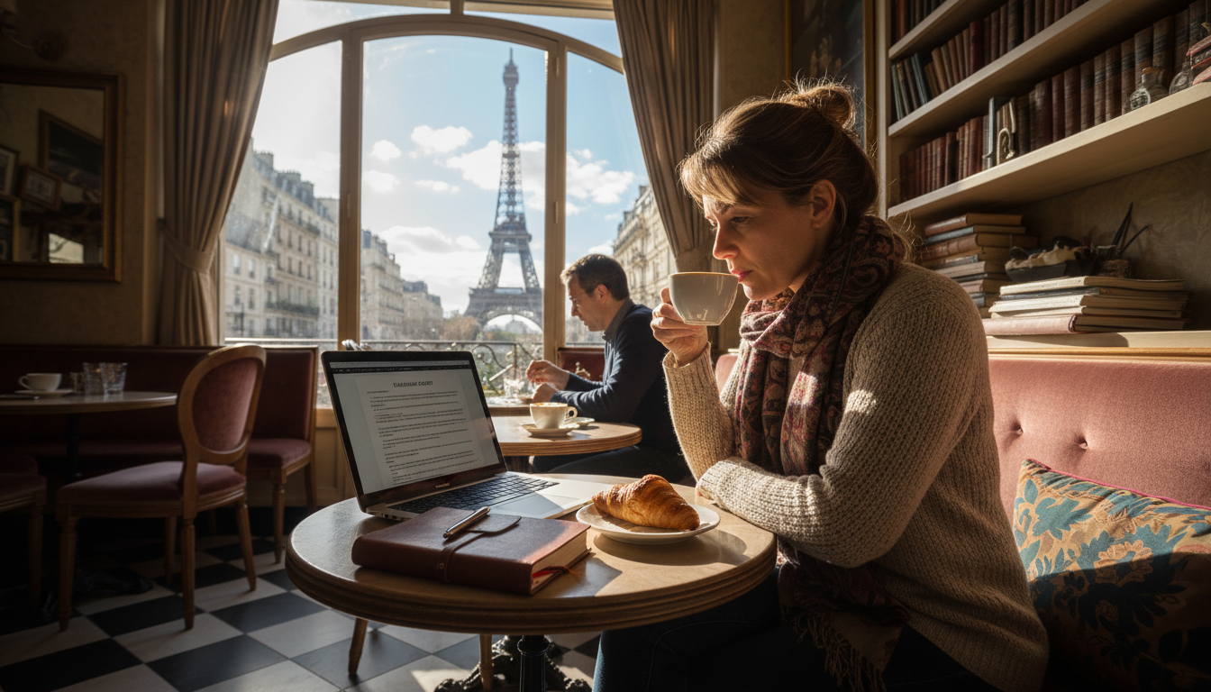 Freelancer reviewing contract in cafe