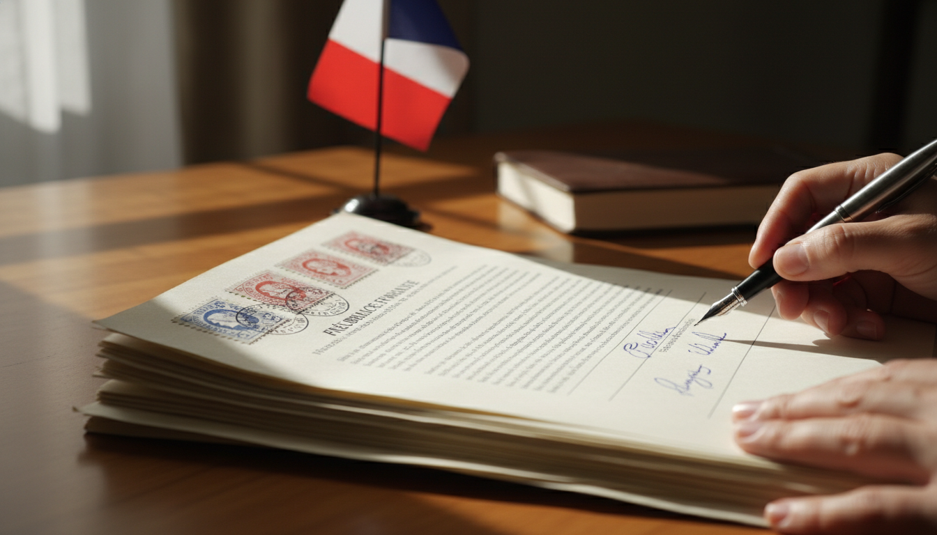 Legal documents stack with French flag