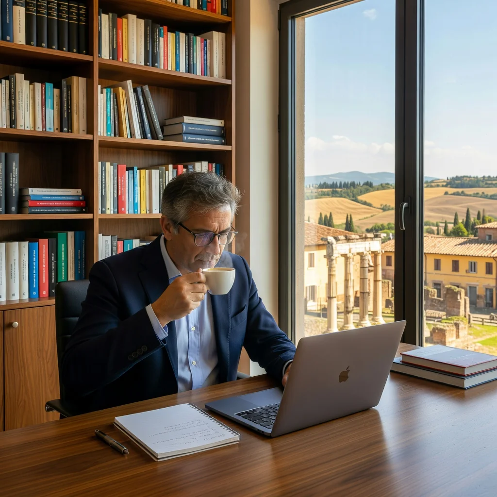 A photorealistic image of a professional intellectual worker, such as a freelance consultant or expert advisor, in a modern Italian office setting, engaged in thoughtful work like reviewing notes or discussing ideas with a colleague, symbolizing the purpose of a contract for intellectual services in Italy. The scene should evoke professionalism, creativity, and collaboration without focusing on any legal documents.