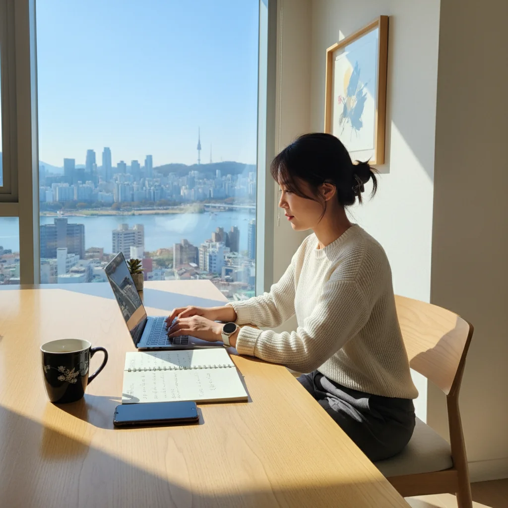 A photorealistic image of a professional freelancer in South Korea working independently at a modern home office setup, reviewing a contract on a laptop, symbolizing the purpose of freelance agreements without showing the document itself, conveying freedom and professionalism in the Korean freelance market.