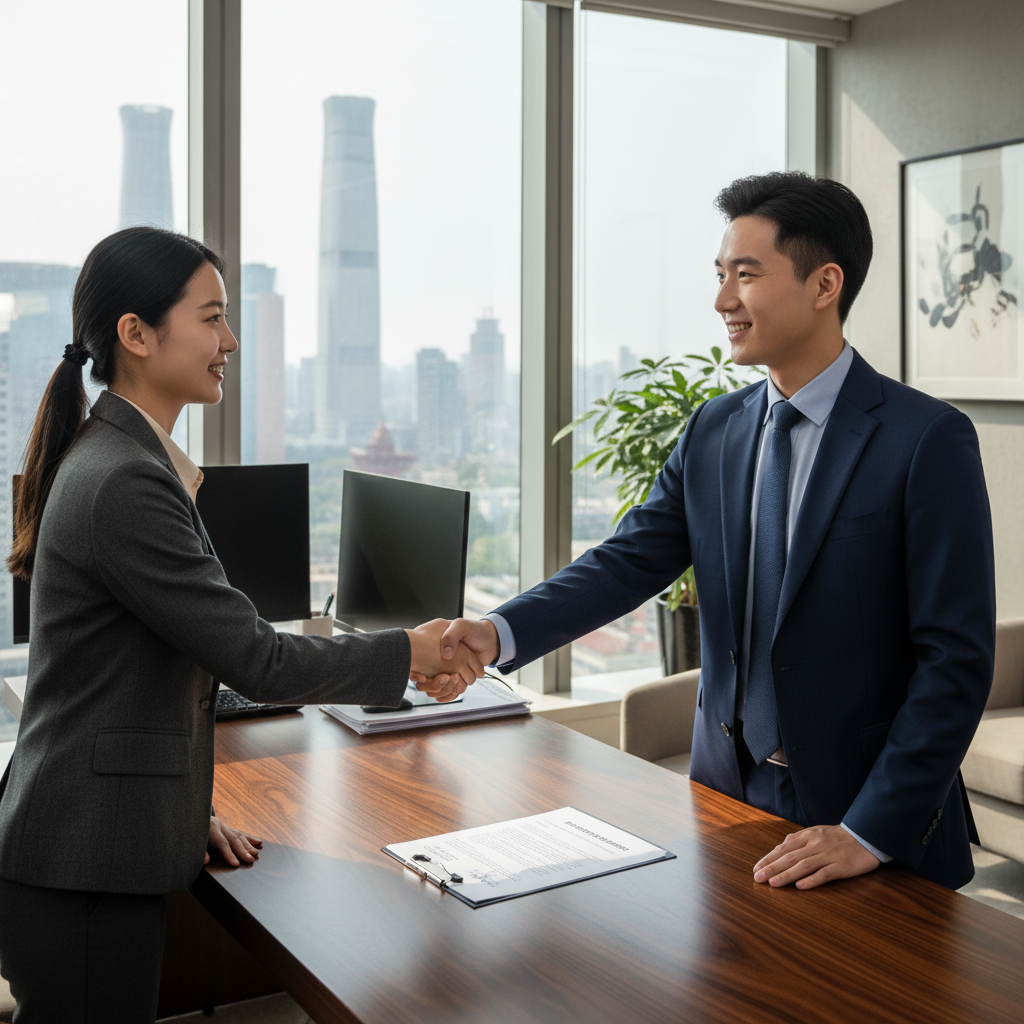 A photorealistic image of a professional adult Chinese worker in a modern office setting in China, signing a labor contract with an employer, symbolizing employment agreement and legal documentation, no children present, highly detailed and realistic.