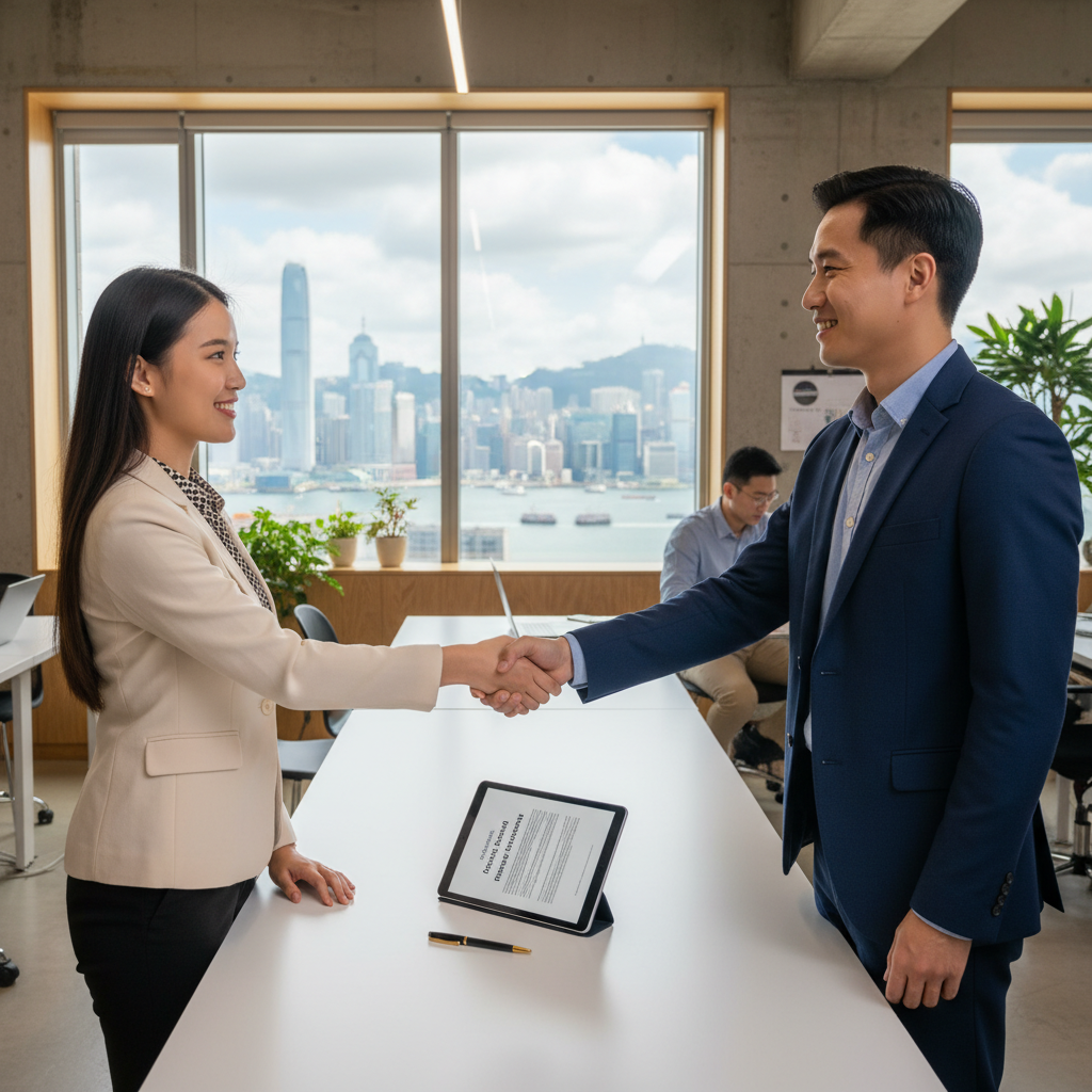 A photorealistic image of a professional freelancer in a modern Hong Kong office space, shaking hands with a client across a desk, symbolizing the agreement and partnership in a freelance contract, with subtle Hong Kong skyline visible through the window, conveying trust and business collaboration without showing any legal documents.