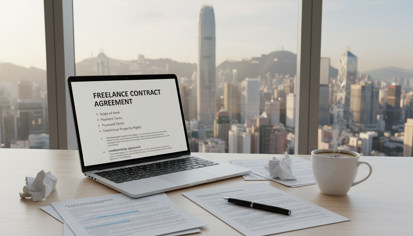 Hong Kong skyline with contract papers