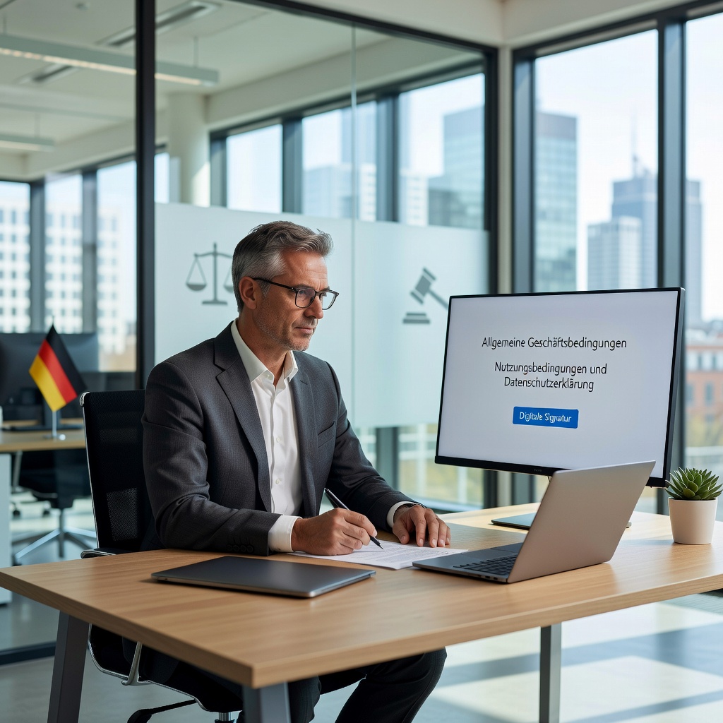 A photorealistic image of a professional adult in a modern German office setting, reviewing terms and conditions on a laptop, symbolizing the importance of usage agreements in Germany, with no children present.