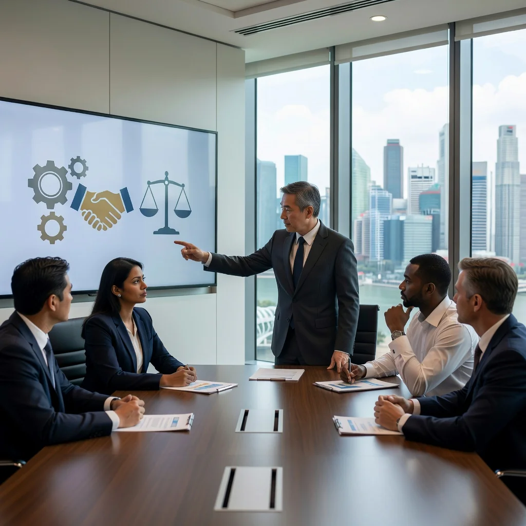 A professional business meeting in a modern Singapore office, with diverse adults shaking hands over a table, symbolizing agreement and caution in business contracts, with subtle Singapore skyline in the background through a window.