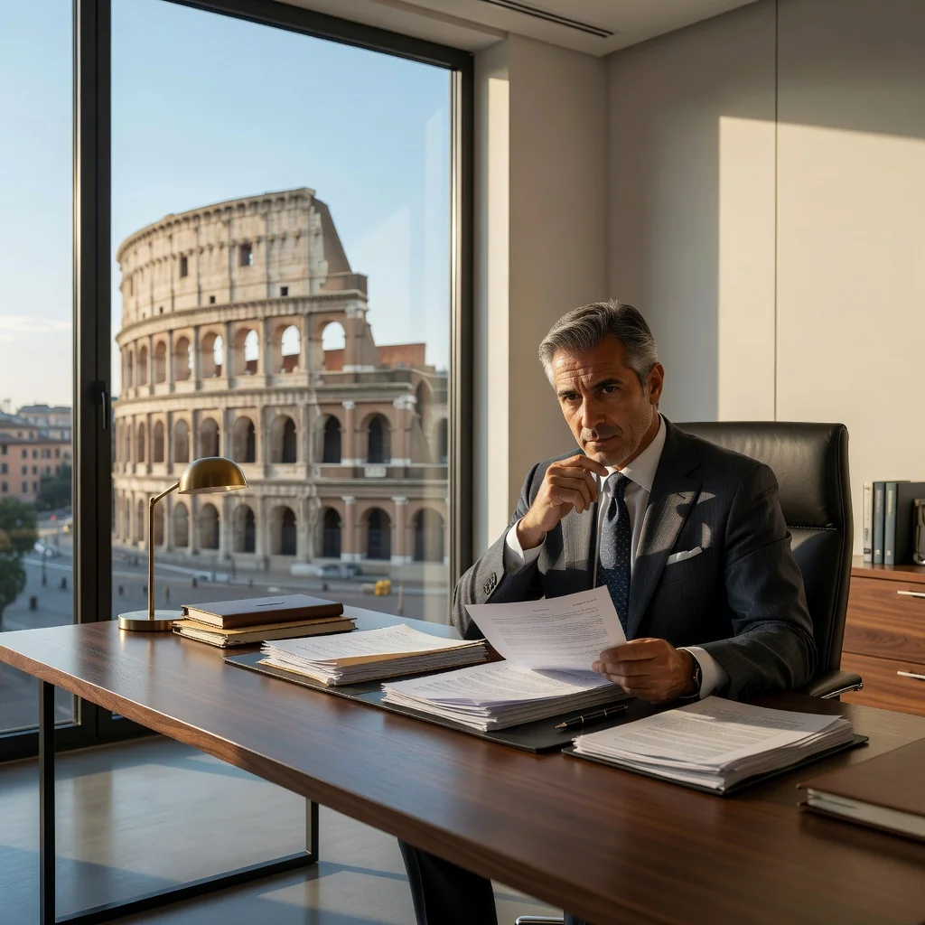 A photorealistic image of a professional Italian lawyer in a modern office setting, reviewing contract documents on a desk with Italian landmarks visible through the window, symbolizing effective legal drafting in Italy. The scene conveys trust, professionalism, and legal expertise without focusing on the document itself.