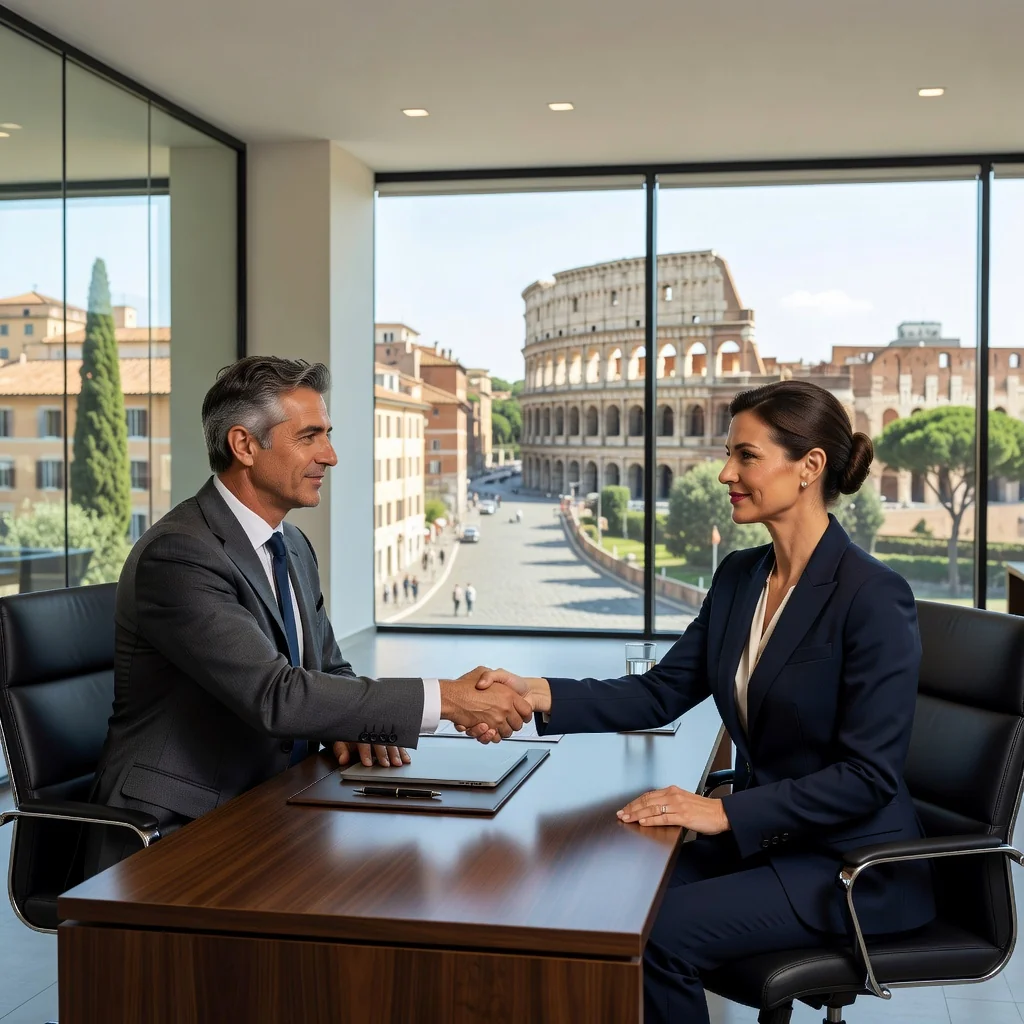 A photorealistic image representing trust and agreement in Italian business contracts, showing two professional adults shaking hands in a modern Italian office setting with subtle Italian landmarks in the background, symbolizing the general terms and conditions of contracts in Italy. No children are present.