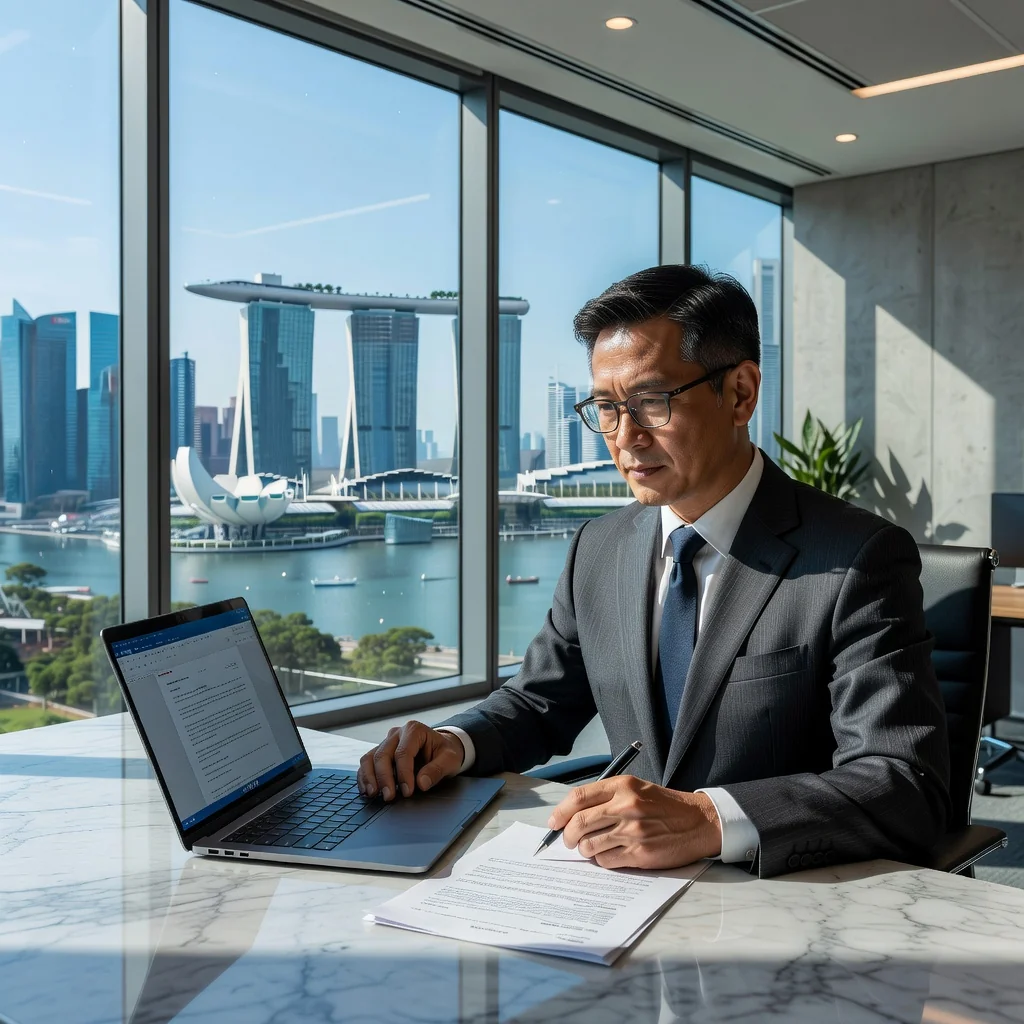 A photorealistic image of a professional adult in a modern Singapore office, reviewing a digital contract on a laptop with the Singapore skyline visible through the window, symbolizing trust and agreement in business dealings.