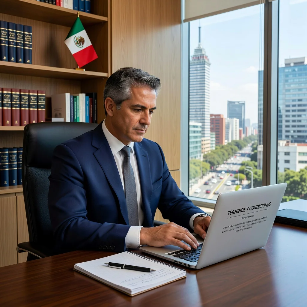 A professional Mexican lawyer in a modern office, reviewing and drafting legal terms and conditions on a laptop, surrounded by subtle Mexican cultural elements like a flag or traditional decor, conveying trust and professionalism in legal document preparation.