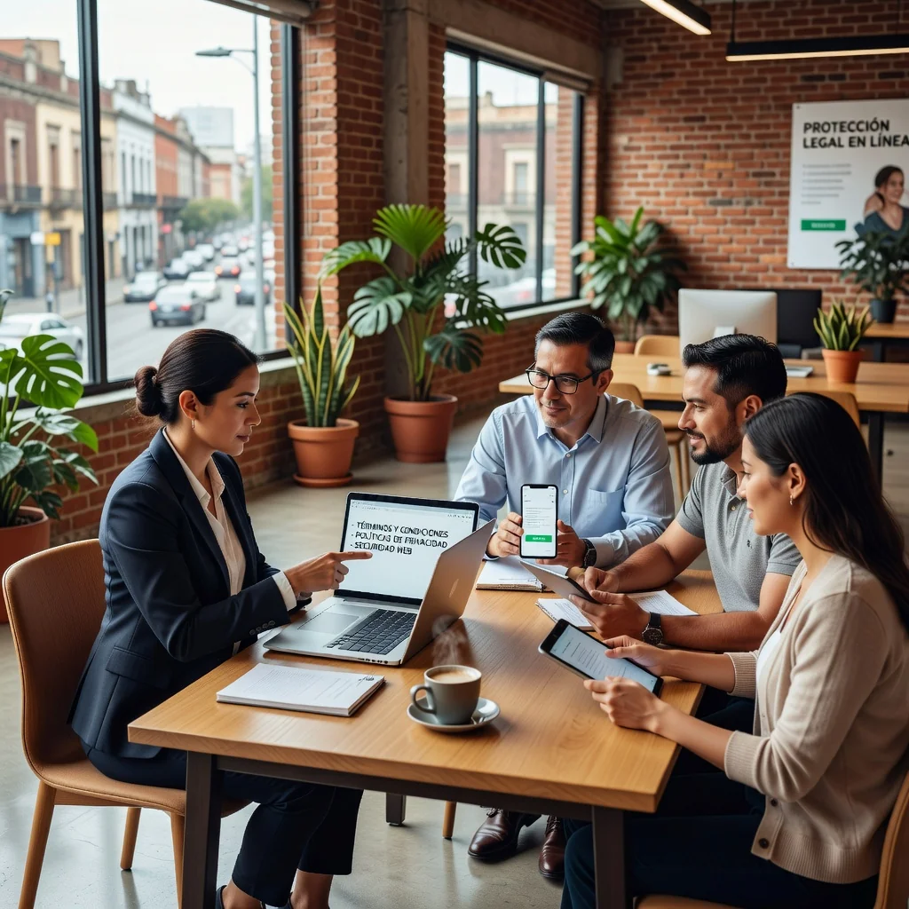 A photorealistic image of a diverse group of young adults in a modern Mexican office setting, reviewing important documents on laptops and tablets, symbolizing trust and protection in online agreements, with subtle Mexican cultural elements like vibrant colors or architecture in the background.