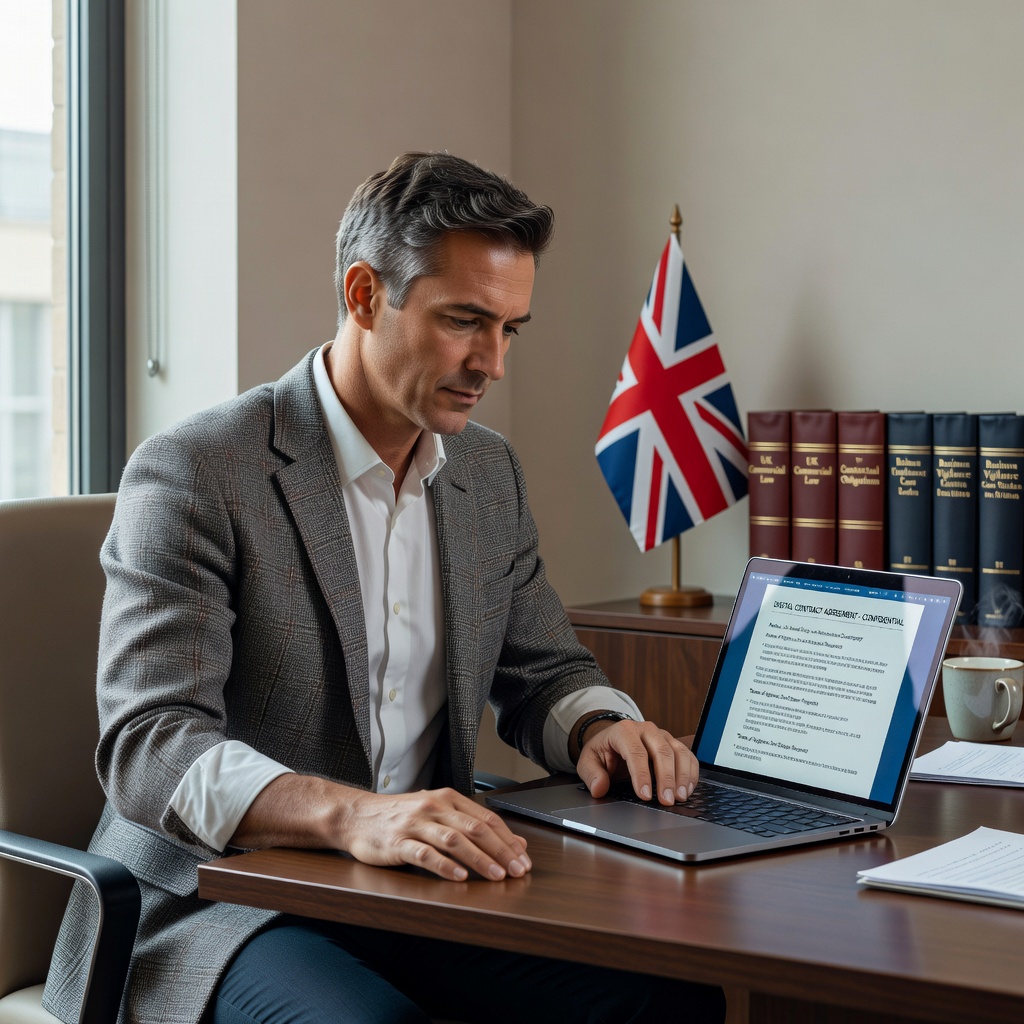 A photorealistic image of a professional adult businessperson in a modern UK office setting, carefully reviewing a contract on a laptop with a thoughtful expression, symbolizing awareness and caution in handling terms of service to avoid common mistakes.