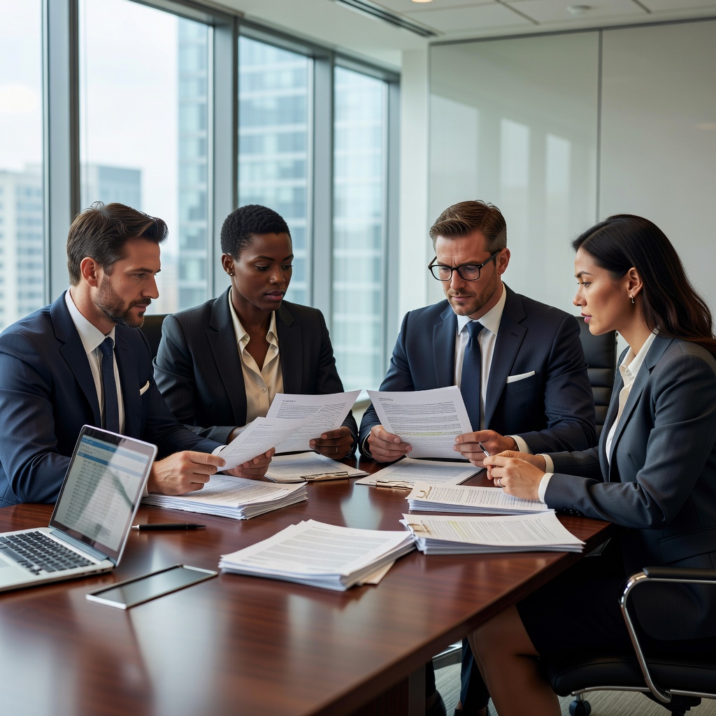 A photorealistic image of a professional business meeting in a modern US office, where a diverse group of adults is discussing and reviewing important documents on a table, symbolizing the careful preparation of terms of service to avoid mistakes, with no children present.