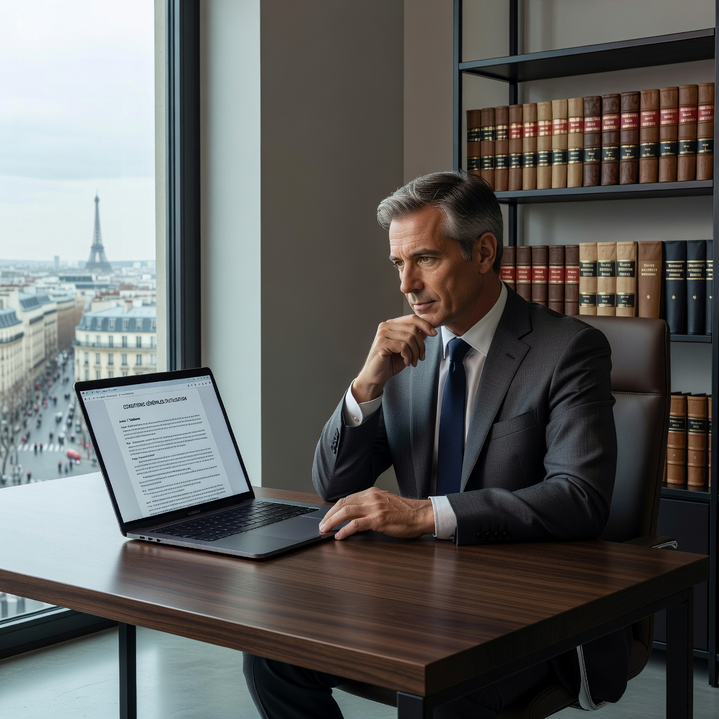 A photorealistic image of a professional adult lawyer in a modern French office, reviewing terms and conditions on a computer screen, symbolizing the importance of general terms of use in French law. The scene conveys trust, compliance, and legal assurance without showing any documents directly.