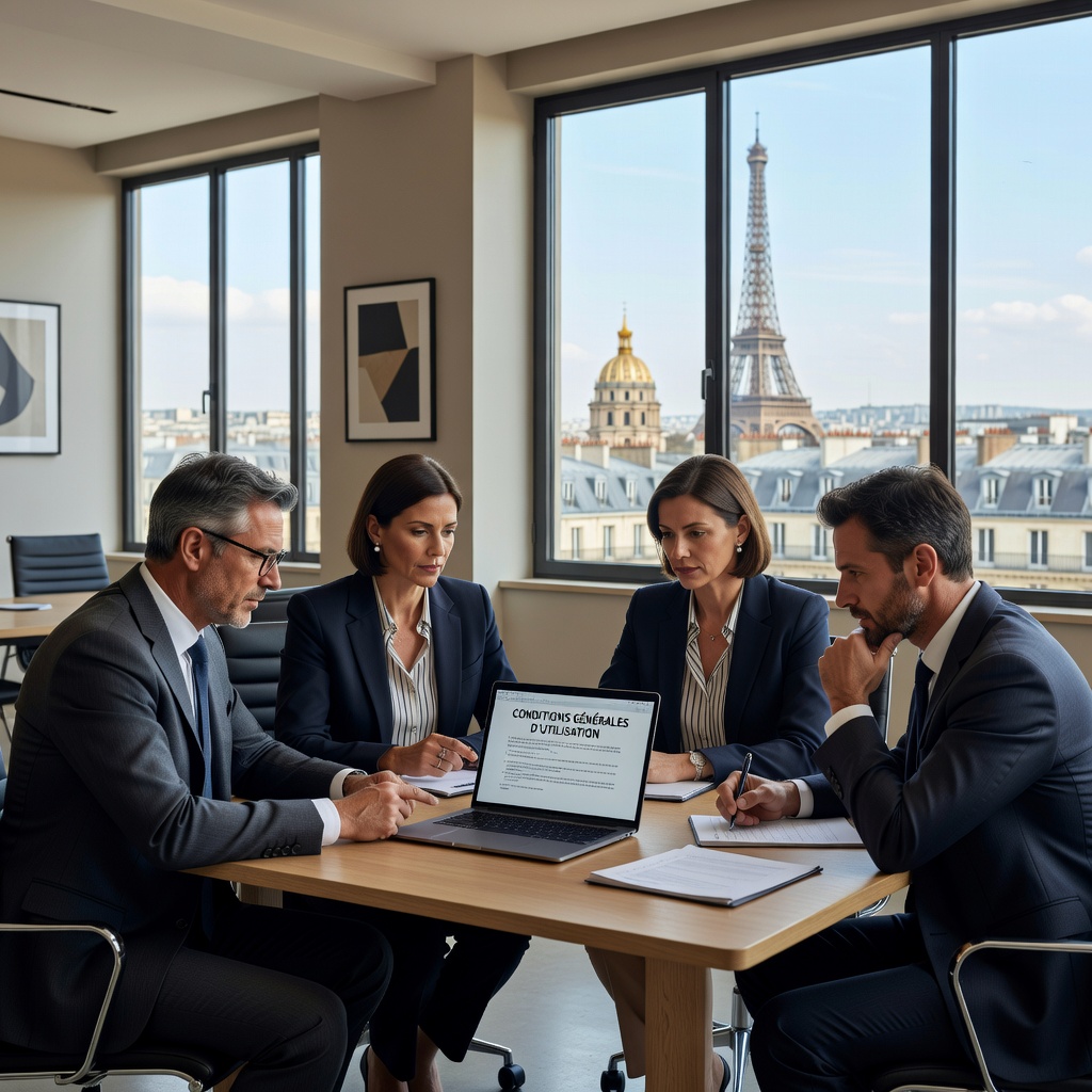 A photorealistic image of a professional French business meeting in a modern office, where adults are discussing website terms and conditions on a laptop, symbolizing legal obligations for French websites, with French cultural elements like Eiffel Tower view from window, no children present.
