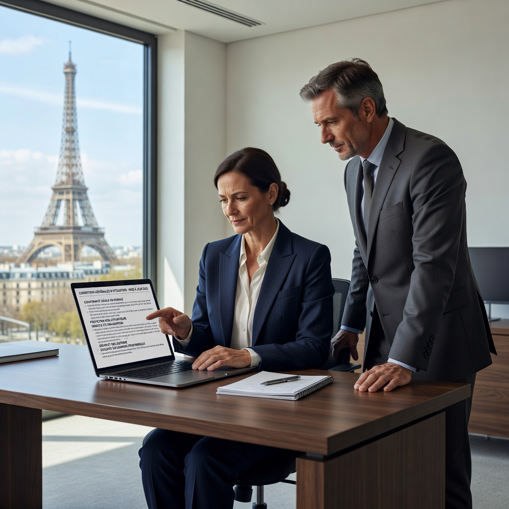 A photorealistic image of a professional French lawyer or business consultant in a modern office setting, reviewing and discussing terms of service on a computer screen with a colleague, symbolizing the creation of valid general terms of use in France. The scene conveys trust, legality, and professionalism without showing any legal documents directly.
