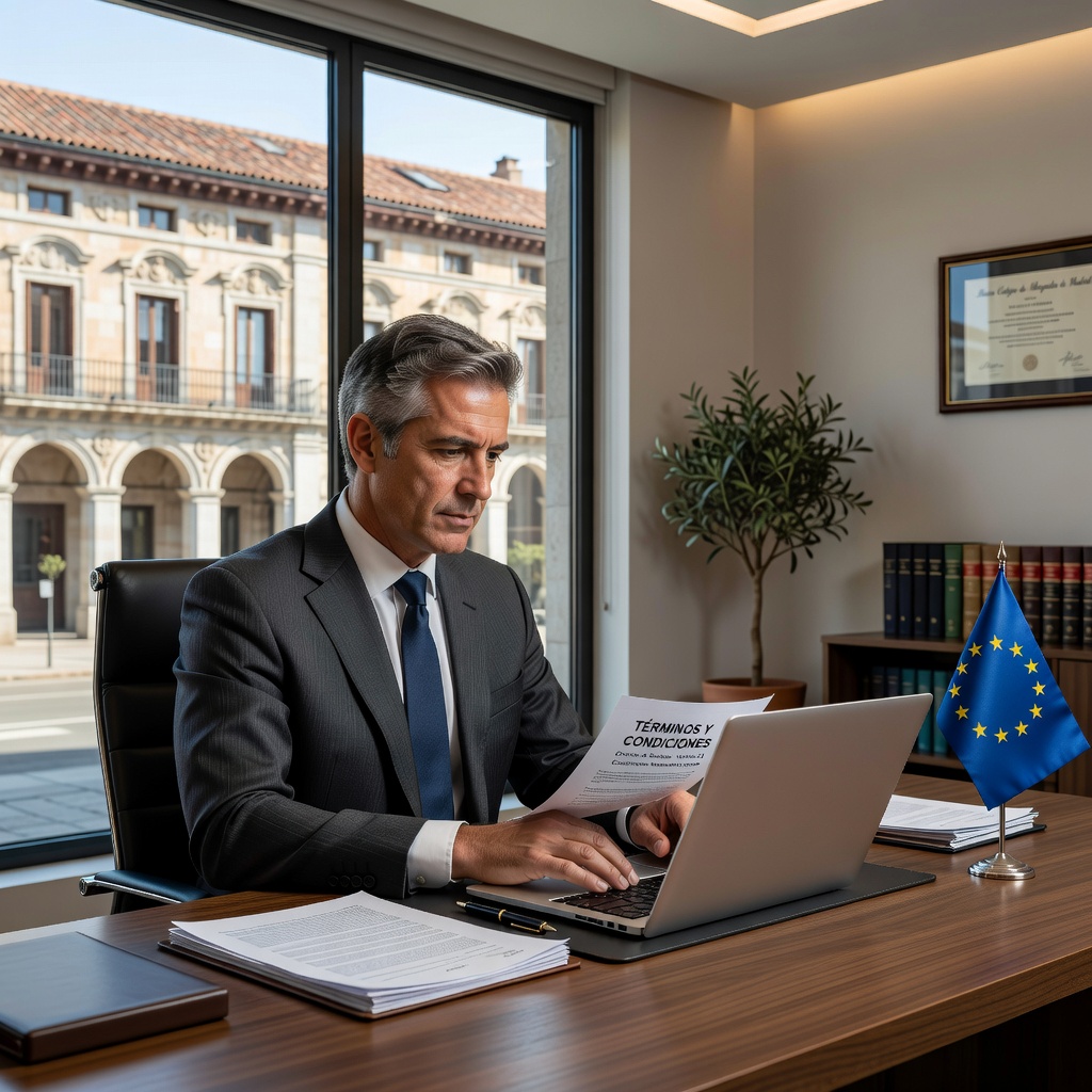 A photorealistic image of a professional Spanish lawyer or legal advisor in a modern office setting in Spain, thoughtfully reviewing digital terms and conditions on a computer screen, symbolizing the creation of legal usage agreements, with subtle Spanish elements like a flag or architecture in the background, conveying trust, expertise, and compliance in business law.