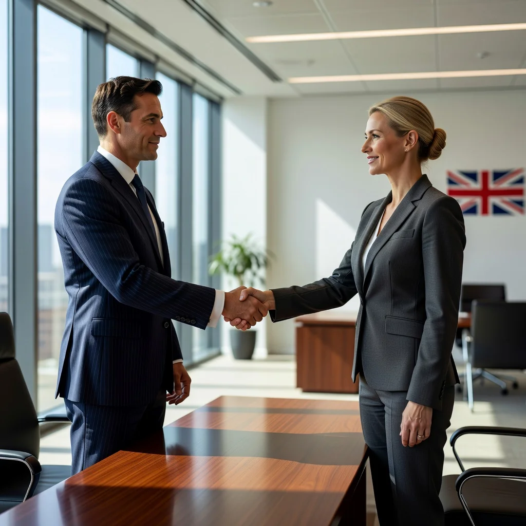A professional scene representing trust, agreement, and business protection in the UK, featuring two adults shaking hands across a desk in a modern office, with subtle UK flag elements in the background, evoking the security of a terms of service agreement.