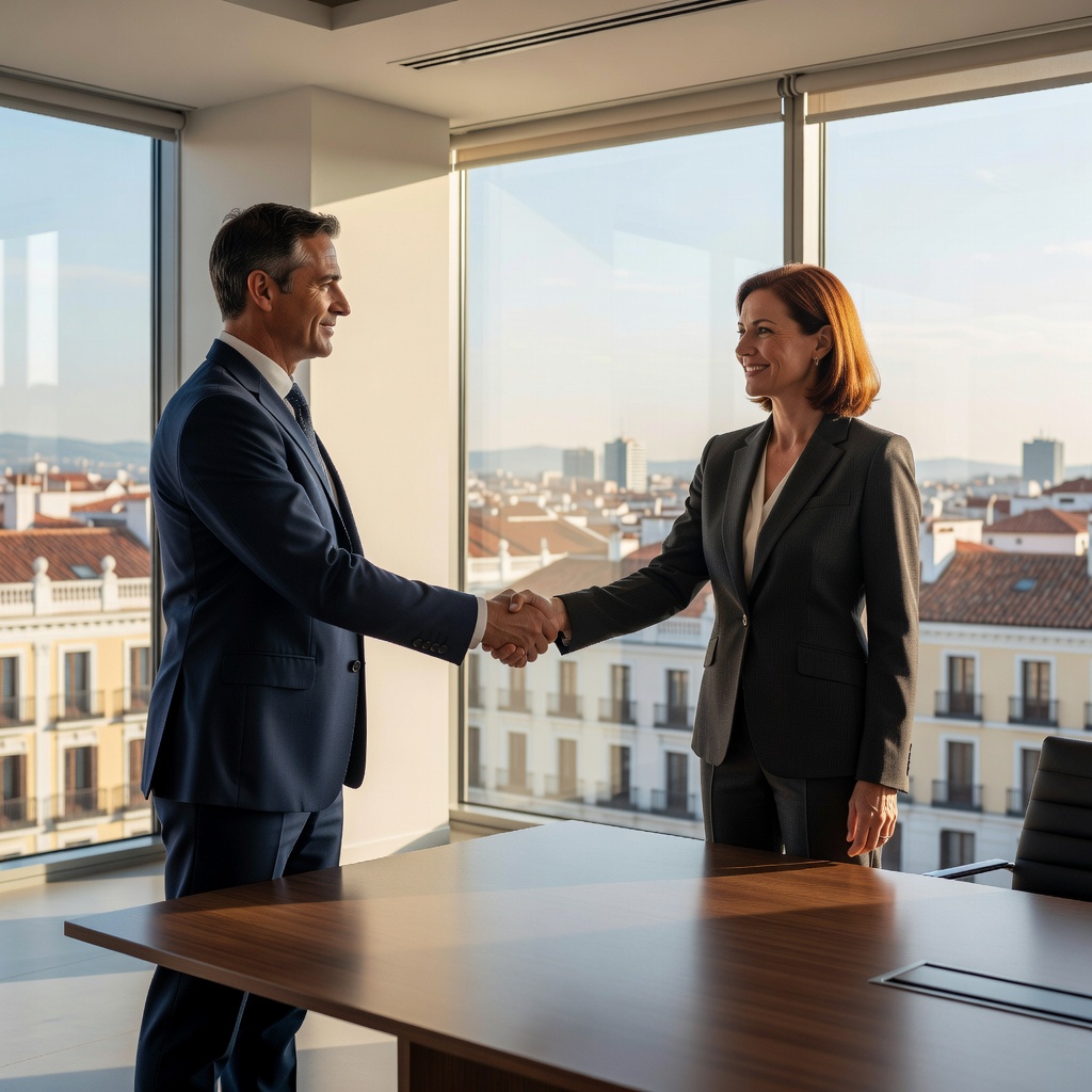 A photorealistic image representing trust, agreement, and legal protection in the context of terms and conditions of use in Spain, featuring a diverse group of adults shaking hands in a modern office setting with subtle Spanish architectural elements in the background, symbolizing contractual commitment without showing any documents or text.