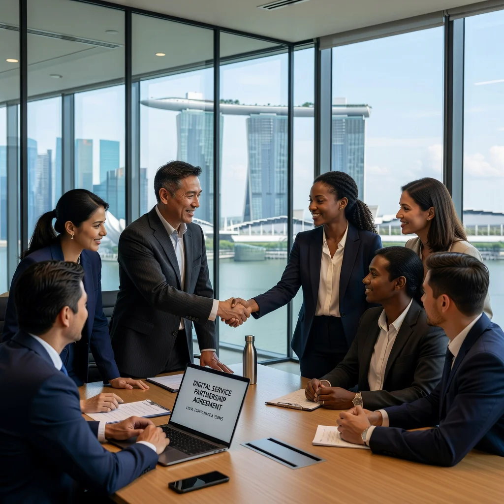 A photorealistic image of a professional business meeting in a modern Singapore office, with diverse adults shaking hands over a laptop, symbolizing agreement on terms of service, overlooking the city skyline with Marina Bay Sands in the background, conveying trust, compliance, and legal partnership in a corporate setting.