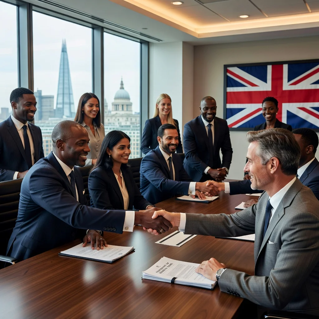 A professional scene representing the establishment of business agreements in the UK, featuring a diverse group of adults in a modern office shaking hands over a table, symbolizing trust and legal commitment, with subtle UK elements like a Union Jack flag in the background or London skyline view through a window, conveying reliability and professionalism without focusing on documents.
