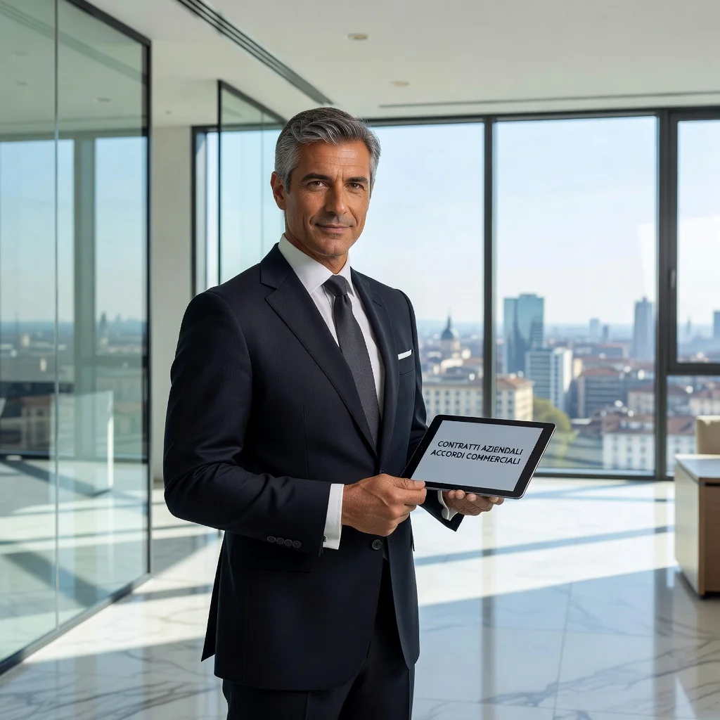 A photorealistic image of a professional Italian business meeting in a modern office, with diverse adults shaking hands over a table, symbolizing trust and agreement in business contracts, with subtle Italian elements like a flag or architecture in the background.