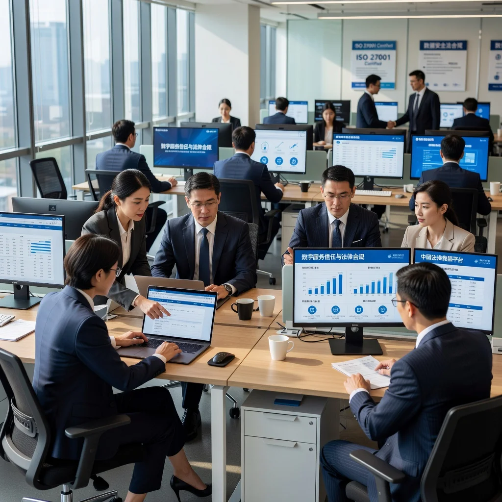 A professional scene in a modern Chinese office environment, showing a diverse group of adult business professionals reviewing digital documents on computers and tablets, symbolizing the importance of legal terms in website services, with subtle Chinese cultural elements like traditional decor in the background, no children present.