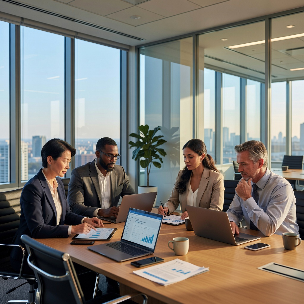 A photorealistic image of a diverse group of adults in a modern office setting, engaged in a professional discussion around a table, symbolizing the understanding and agreement on terms of service in a business context.