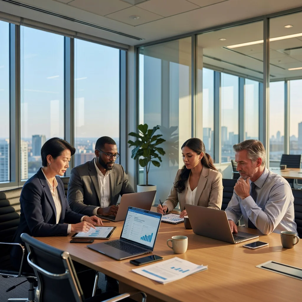 A photorealistic image of a diverse group of adults in a modern office setting, engaged in a professional discussion around a table, symbolizing the understanding and agreement on terms of service in a business context.