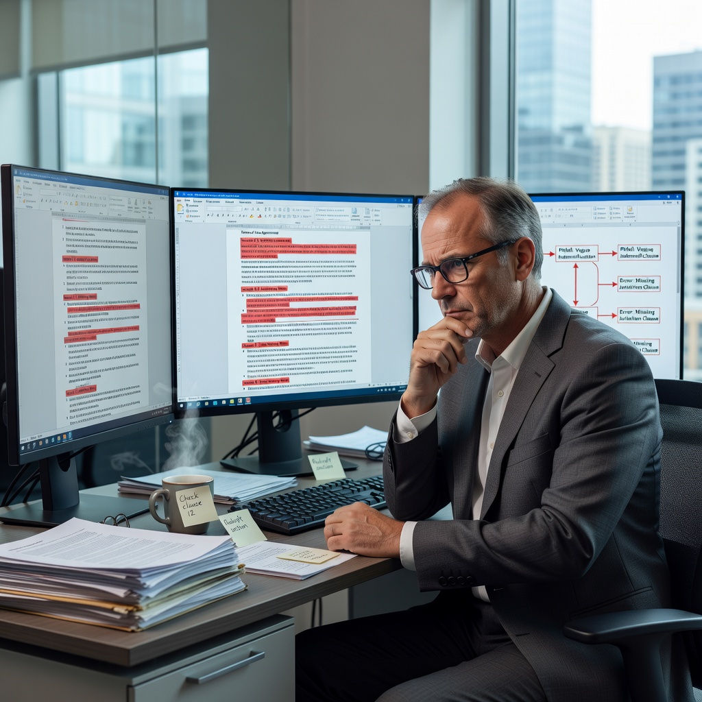 A photorealistic image of a frustrated adult professional sitting at a desk in a modern office, surrounded by multiple computer screens displaying confusing legal forms and error icons, symbolizing common mistakes in creating terms of use, with a thoughtful expression as they review the documents, no children present.