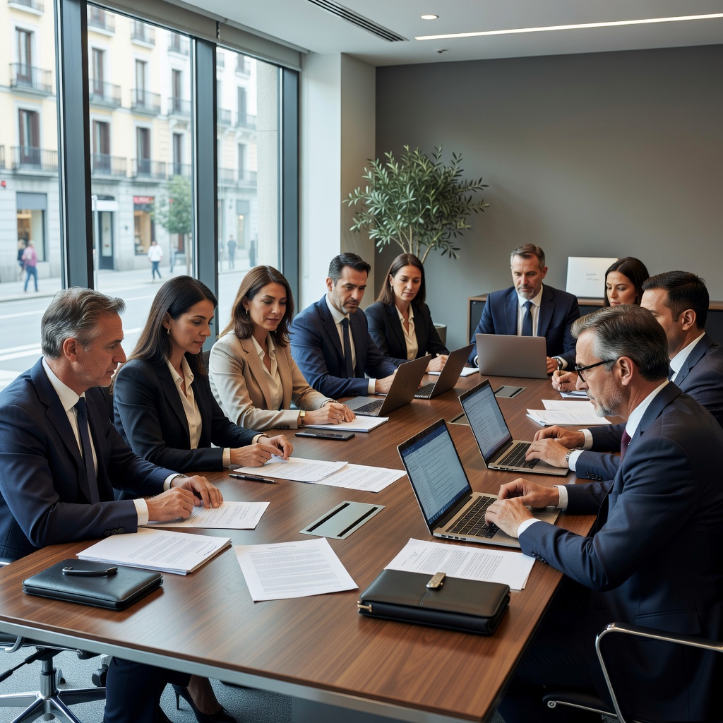 A photorealistic image of a professional business meeting in a modern Spanish office, with diverse adult professionals discussing terms and conditions around a conference table, symbolizing legal agreements and compliance for companies in Spain. No children present.