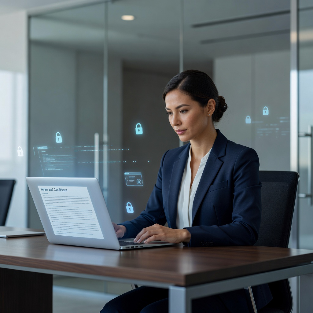 A photorealistic image of a professional woman in a modern office setting, reviewing website terms and conditions on a computer screen, with digital icons representing online privacy and legal compliance subtly in the background, conveying trust and security in web usage without focusing on documents.