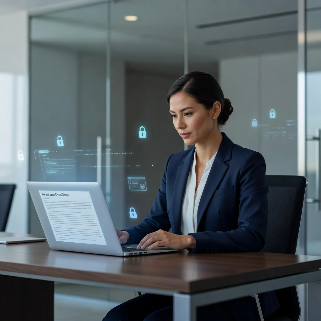 A photorealistic image of a professional woman in a modern office setting, reviewing website terms and conditions on a computer screen, with digital icons representing online privacy and legal compliance subtly in the background, conveying trust and security in web usage without focusing on documents.