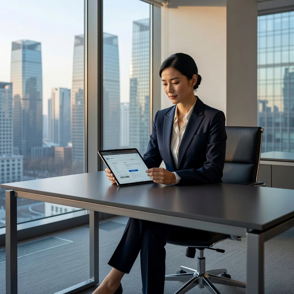 A photorealistic image of a professional Chinese businesswoman in a modern office setting, reviewing a digital tablet with website interface displayed on it, symbolizing the creation of compliant website terms and conditions under Chinese law. The atmosphere is focused and professional, with subtle Chinese cultural elements like a Beijing skyline view from the window. No children are present in the image.