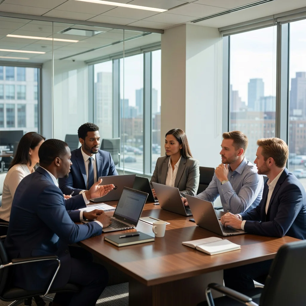 A professional business meeting in a modern office where a diverse group of adults is discussing terms and agreements, symbolizing compliance and business operations for US companies.