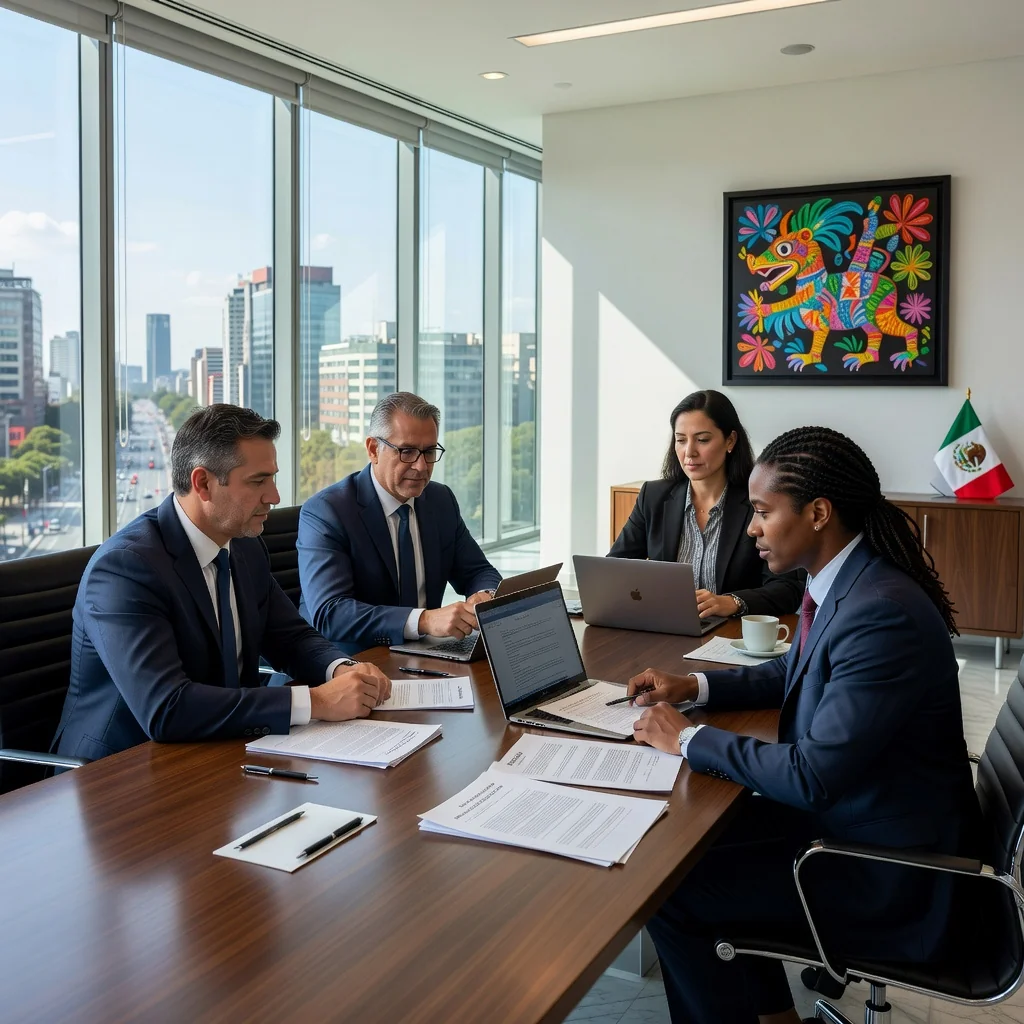 A photorealistic image of a professional business meeting in a modern Mexican office, where a diverse group of adult professionals are discussing terms and conditions over a table with laptops and documents, symbolizing compliance and legal agreements for companies in Mexico. The atmosphere is collaborative and trustworthy, with Mexican cultural elements like vibrant decor in the background.