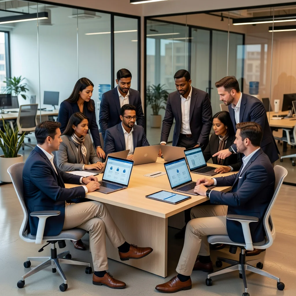 A photorealistic image of a diverse group of adults in a modern office setting, reviewing digital documents on laptops and tablets, symbolizing trust, compliance, and clear communication in website services. The scene conveys professionalism and accessibility, with people discussing terms and conditions in a collaborative manner.
