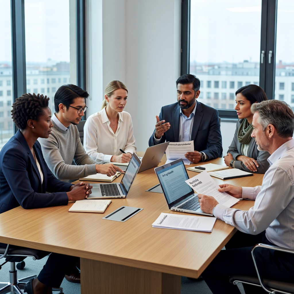 A professional setting in Germany representing the purpose of terms and conditions legal documents, such as a business meeting in a modern office with adults reviewing agreements on laptops, symbolizing compliance and legal protection in commercial transactions.