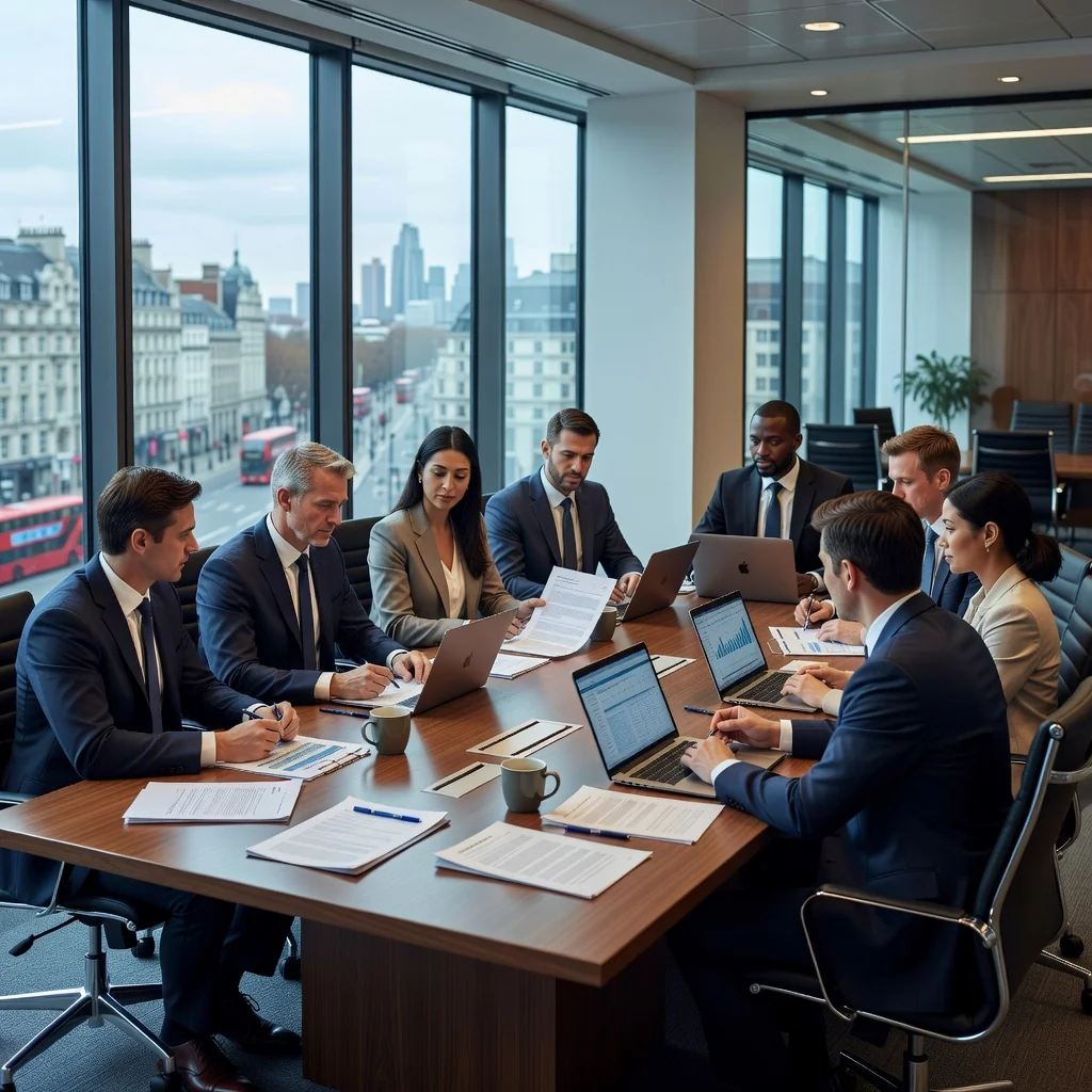 A photorealistic image of a professional business meeting in a modern UK office, where adults are discussing and reviewing important documents around a conference table, symbolizing agreement and legal compliance in business terms.