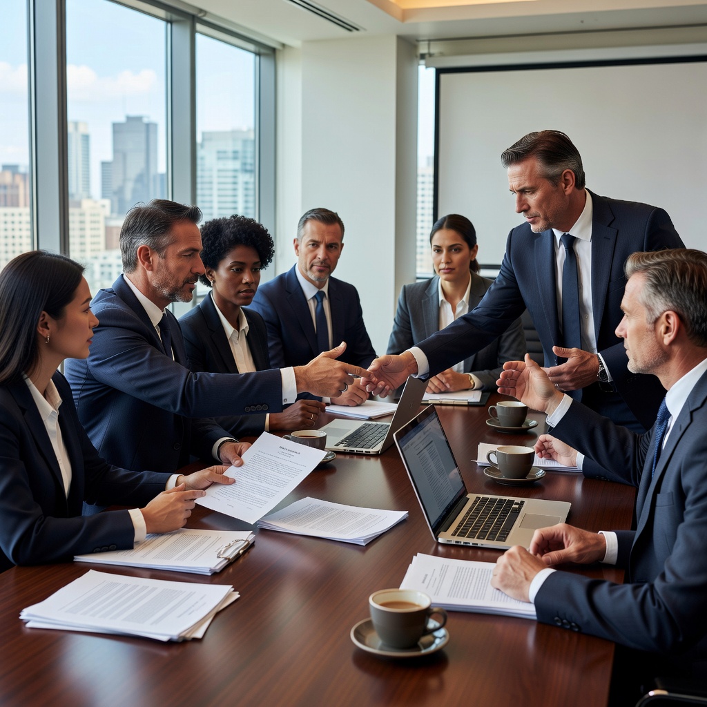 A photorealistic image of a professional business meeting in a modern conference room, where adults are discussing and reviewing important documents on a table, symbolizing the agreement and protection provided by terms of service in business contexts. No children are present.