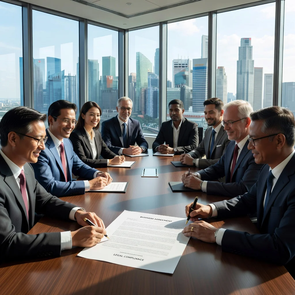 A professional business meeting in a modern Singapore office, with diverse adults shaking hands over a contract, symbolizing agreement and trust in terms of service.