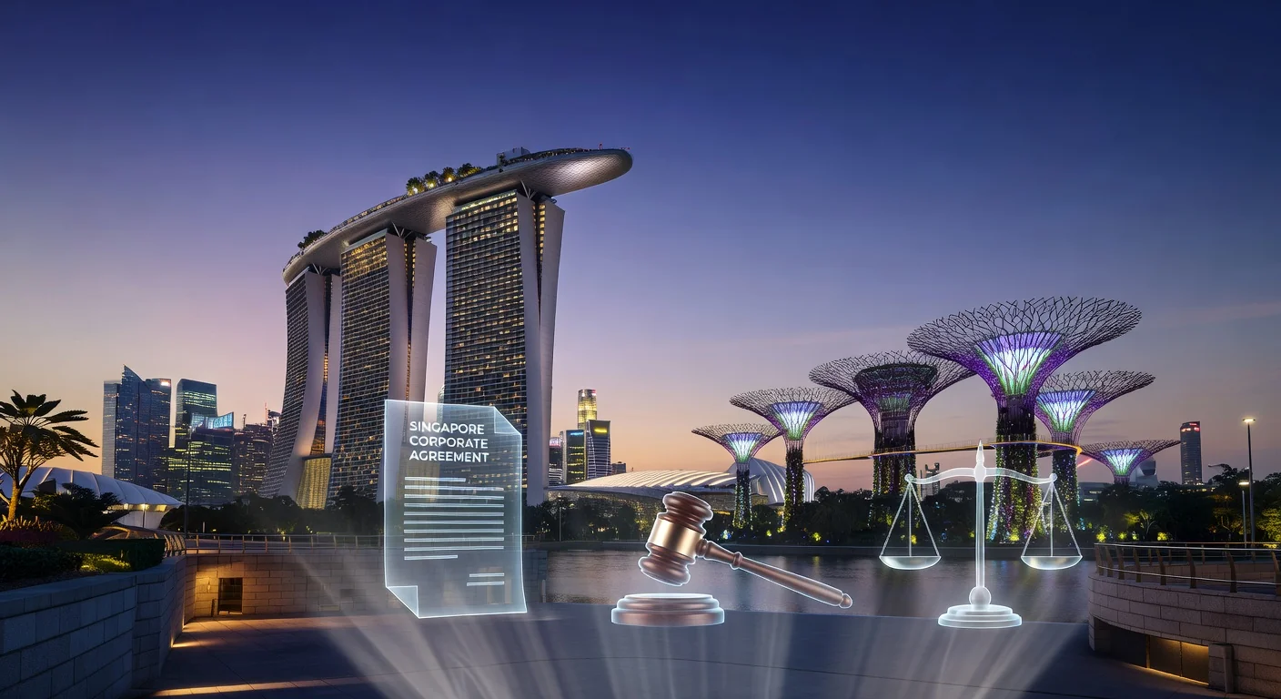 Singapore skyline with legal icons