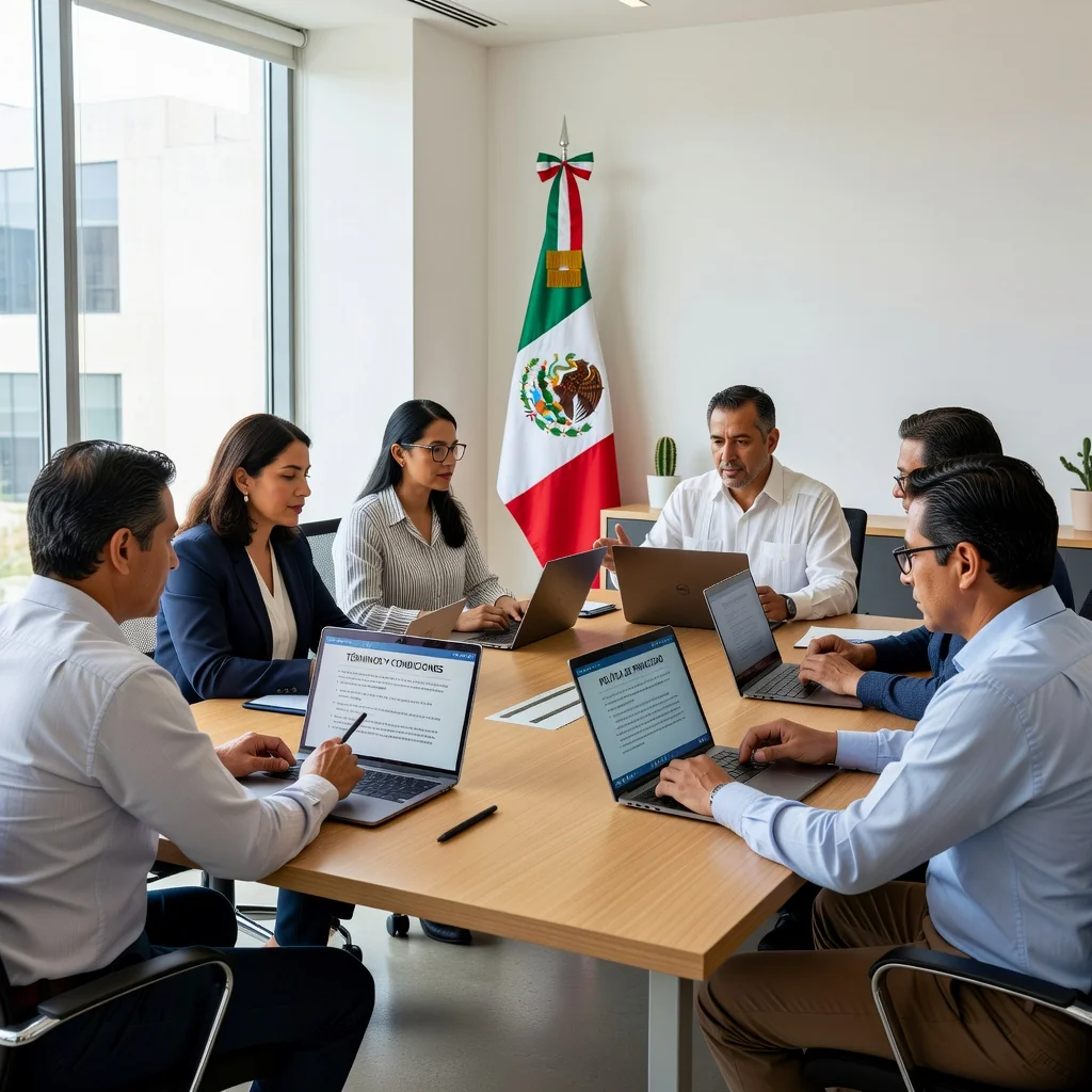 A photorealistic image representing the purpose of Terms and Conditions of Use in Mexico, such as a diverse group of Mexican adults confidently reviewing digital terms on laptops in a modern office setting, symbolizing informed consent and legal protection in online services, with no focus on the document itself, and ensuring no children are depicted.