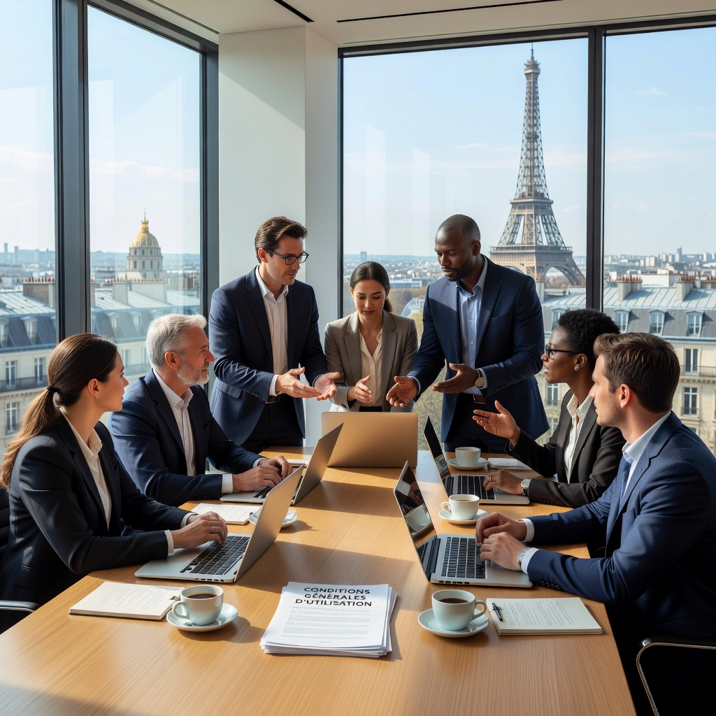 A photorealistic image representing the purpose of general terms of use legal documents in France, such as a professional business meeting in a modern French office, with adults discussing agreements over coffee, evoking trust and compliance without showing any documents.