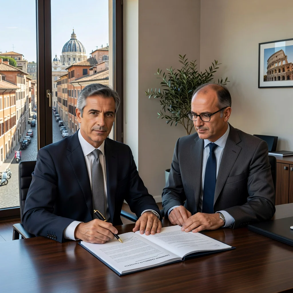 A professional scene in an Italian office setting, showing a businessperson signing a general contract agreement with a lawyer or advisor, emphasizing trust and legal formality in Italian business practices. The atmosphere is modern and professional, with subtle Italian elements like a flag or architecture in the background.