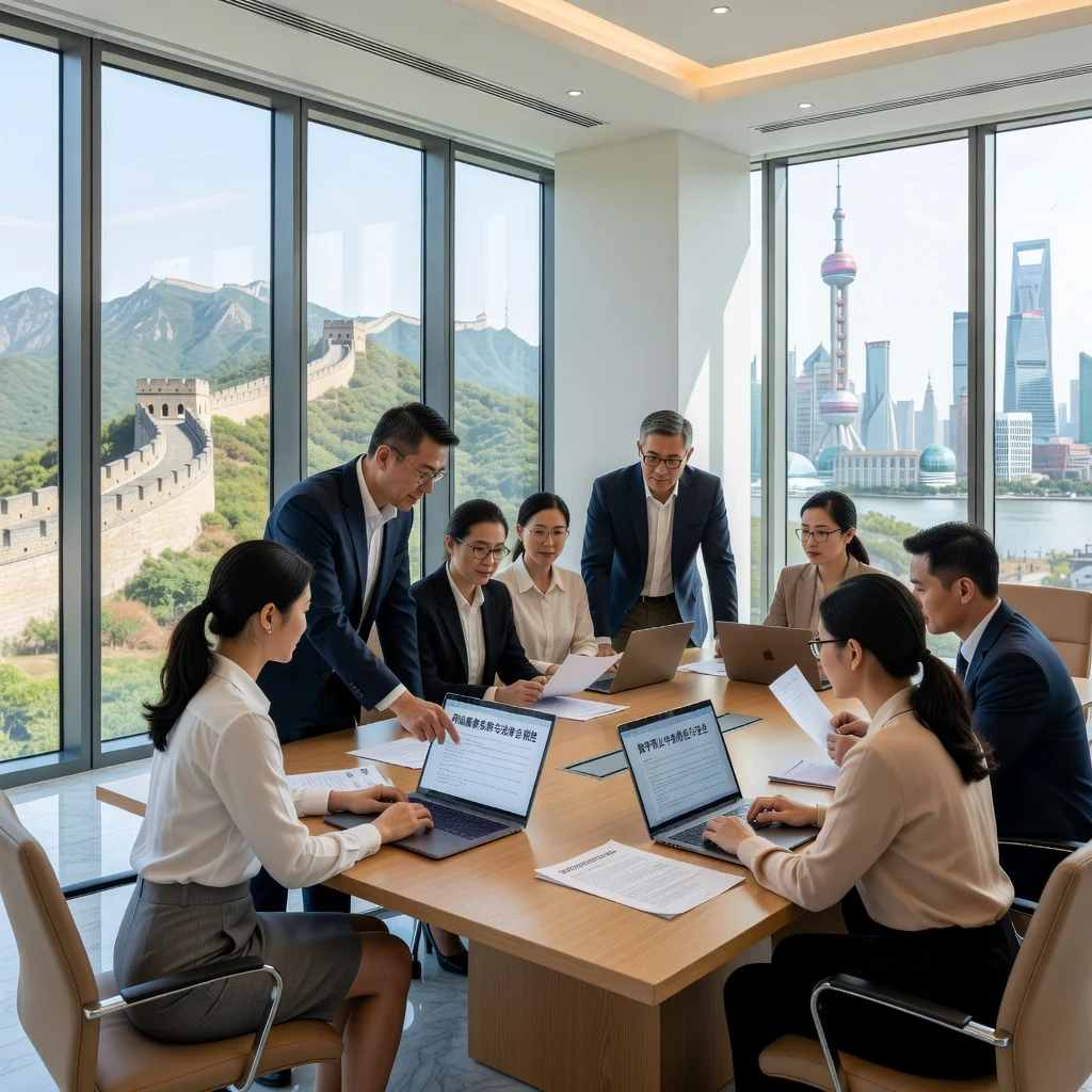 A photorealistic image representing the purpose of website service terms legal documents in China, showing a diverse group of adult professionals in a modern Chinese office setting, discussing online business compliance and digital agreements on computers, with subtle Chinese cultural elements like city skyline in the background, no children present.