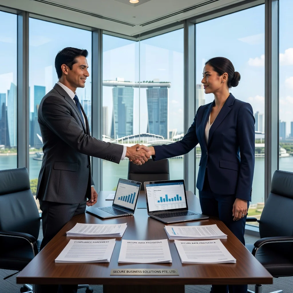 A photorealistic image of two professional business adults in a modern Singapore office, shaking hands over a conference table with a city skyline view in the background, symbolizing a compliant data processing agreement and trust in data handling for businesses.